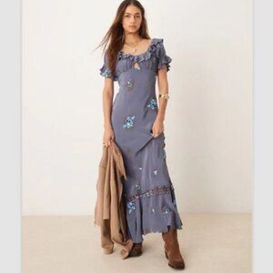 Free People Bali Santa Cruz Dress Indigo Puff Sleeve Floral Embroidered Maxi XL